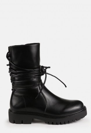 MISSGUIDED black faux leather wrap ankle boots – wrap around detail chunky tread boot