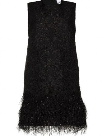 GANNI black floral embroidered feather detail dress / sleeveless lbd