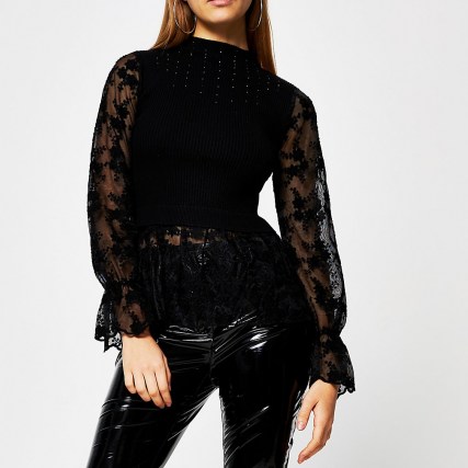 RIVER ISLAND Black lace embellished knit top ~ sheer sleeve ribbed tops - flipped