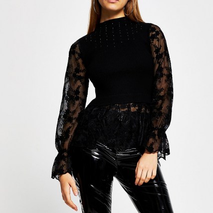 RIVER ISLAND Black lace embellished knit top ~ sheer sleeve ribbed tops