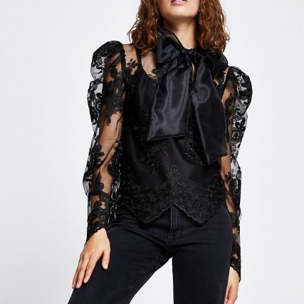 RIVER ISLAND Black long puff sleeve organza lace top ~ semi sheer voluminous rops ~ romantic style fashion
