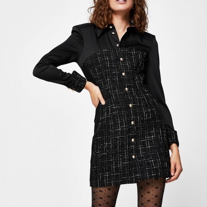 RIVER ISLAND Black long sleeve contrast boucle shirt dress ~ tweed style dresses - flipped