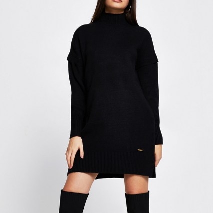 River Island Black long sleeve mini jumper dress | knitted high neck winter dresses - flipped