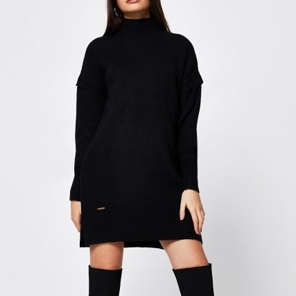 River Island Black long sleeve mini jumper dress | knitted high neck winter dresses