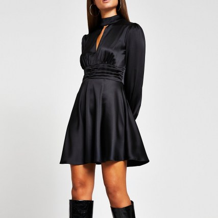 RIVER ISLAND Black long sleeve split front skater dress ~ ldb ~ satin fit and flare dresses