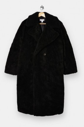 Topshop Black Longline Borg Coat – textured winter coats - flipped