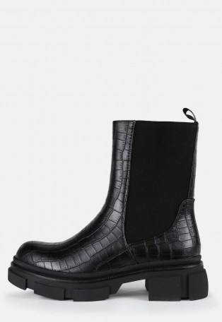 Missguided black mock croc pull on ankle boots – chunky sole boot - flipped
