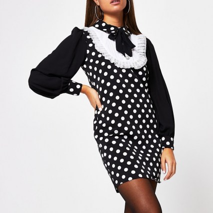 RIVER ISLAND Black polka dot collar bib long sleeve dress / monochrome spot print dresses - flipped