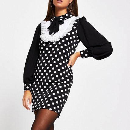 RIVER ISLAND Black polka dot collar bib long sleeve dress / monochrome spot print dresses