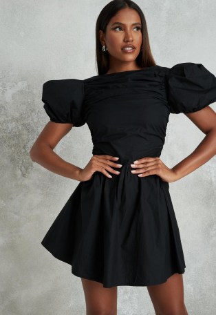 MISSGUIDED black poplin ruched puff sleeve skater dress ~lbd ~ volume sleeve fit and flare ~ party dresses - flipped