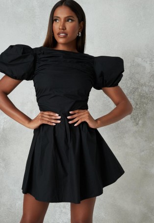 MISSGUIDED black poplin ruched puff sleeve skater dress ~lbd ~ volume sleeve fit and flare ~ party dresses