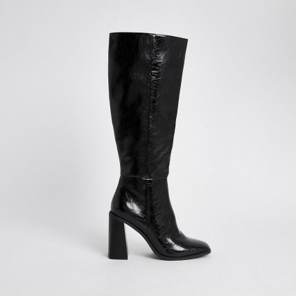 River Island Black PU high leg block heel boots – patent faux leather boots - flipped