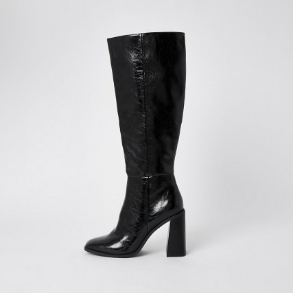 River Island Black PU high leg block heel boots – patent faux leather boots