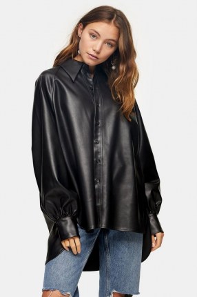 Topshop Black PU Oversized Shirt – faux leather dip hem shirts - flipped