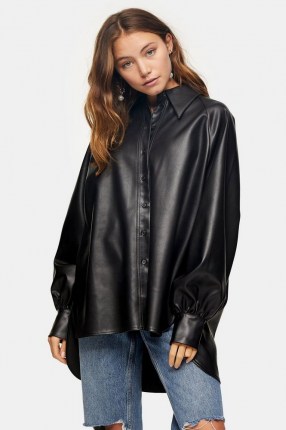 Topshop Black PU Oversized Shirt – faux leather dip hem shirts