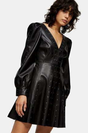 Topshop Black PU Studded Mini Dress | puff sleeve LBD - flipped