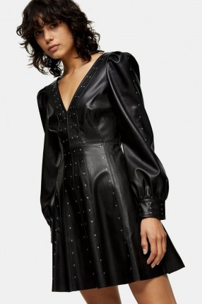 Topshop Black PU Studded Mini Dress | puff sleeve LBD