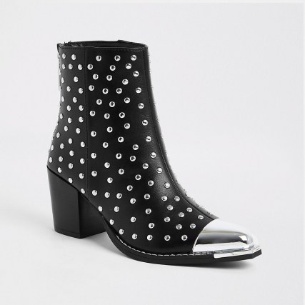 RIVER ISLAND Black PU studded western boots ~ stud embellished block heel boot - flipped