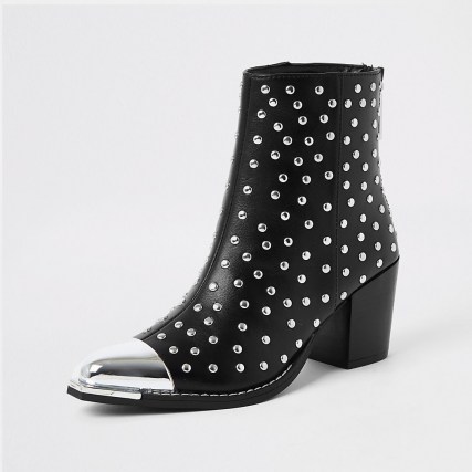 RIVER ISLAND Black PU studded western boots ~ stud embellished block heel boot