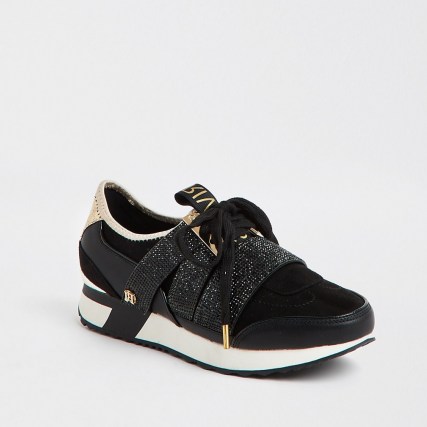 River Island Black RI branded embellished runner trainers | sports luxe shoes - flipped