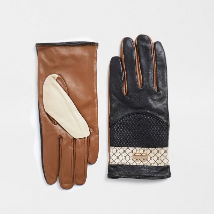 RIVER ISLAND Black RI monogram panelled gloves ~ colour block accessories - flipped