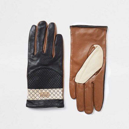 RIVER ISLAND Black RI monogram panelled gloves ~ colour block accessories
