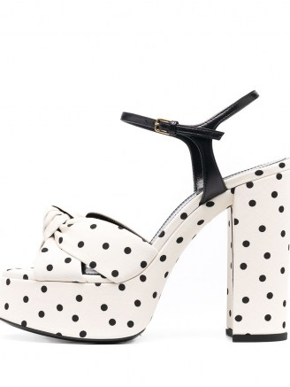 Saint Laurent Bianca polka dot sandals / chunky 70s style platforms / monochrome high block heels - flipped
