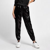 RIVER ISLAND Black sequin cuffed joggers ~ sports luxe clothing ~ sequinned jogging bottoms