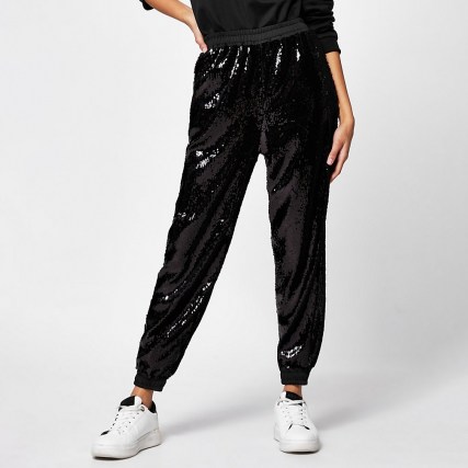 RIVER ISLAND Black sequin cuffed joggers ~ sports luxe clothing ~ sequinned jogging bottoms - flipped