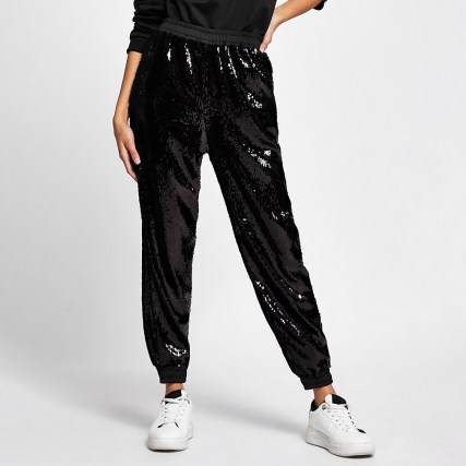 RIVER ISLAND Black sequin cuffed joggers ~ sports luxe clothing ~ sequinned jogging bottoms