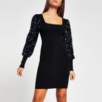 RIVER ISLAND Black sequin long sleeve mini dress / lbd / shimmering party dresses
