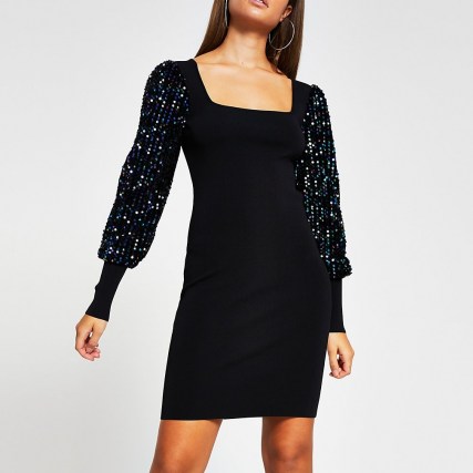 RIVER ISLAND Black sequin long sleeve mini dress / lbd / shimmering party dresses