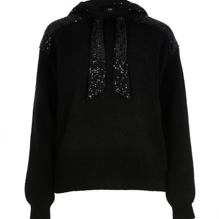 RIVER ISLAND Black sequin ribbed hoodie / shimmering hoodies / sequinned hooded tops / sparkling knitwear
