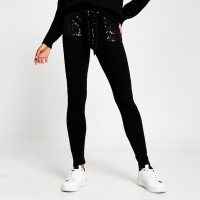 RIVER ISLAND Black sequin ribbed joggers / glittering knitted jogging bottoms