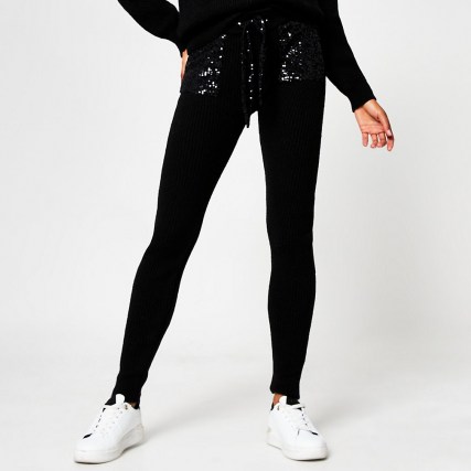 RIVER ISLAND Black sequin ribbed joggers / glittering knitted jogging bottoms - flipped