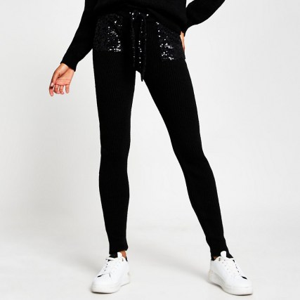 RIVER ISLAND Black sequin ribbed joggers / glittering knitted jogging bottoms