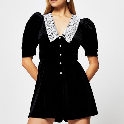 RIVER ISLAND Black short sleeve velvet collar playsuit ~ oversized lace collars ~ puff sleeved playsuits - flipped
