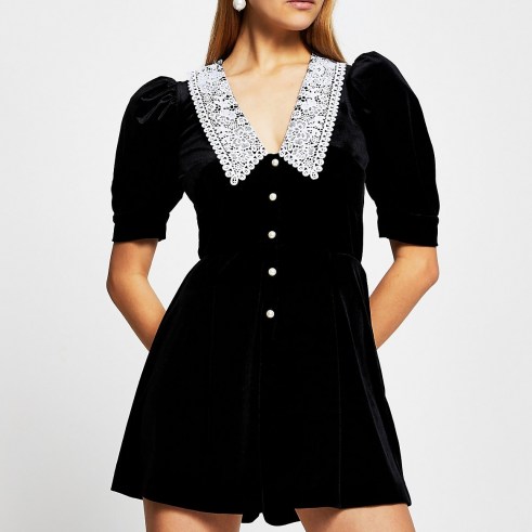 RIVER ISLAND Black short sleeve velvet collar playsuit ~ oversized lace collars ~ puff sleeved playsuits