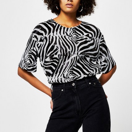 RIVER ISLAND Black short sleeve zebra print sequin t-shirt / monochrome sequinned tops - flipped
