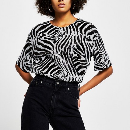 RIVER ISLAND Black short sleeve zebra print sequin t-shirt / monochrome sequinned tops