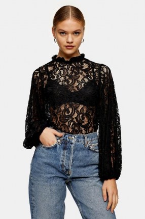 TOPSHOP Black Volume Sleeve Lace Top ~ semi sheer frill neck tops - flipped
