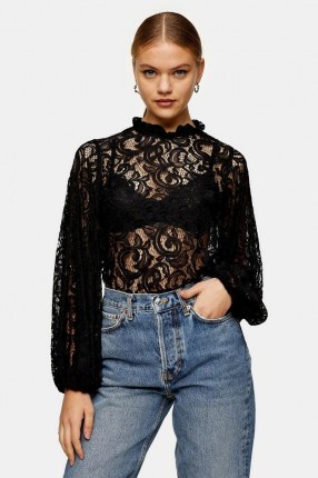 TOPSHOP Black Volume Sleeve Lace Top ~ semi sheer frill neck tops