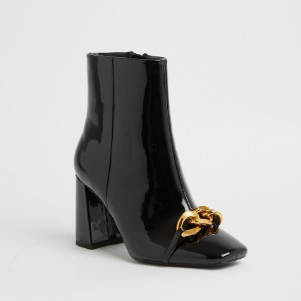 RIVER ISLAND Black wide fit chain block heel boots - flipped