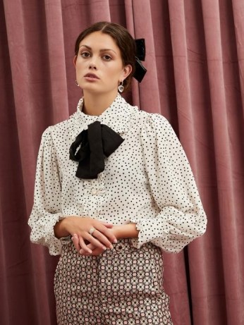 sister jane Get Together Ruffle Bow Blouse | frill trim neck tie blouses | polka dot prints - flipped