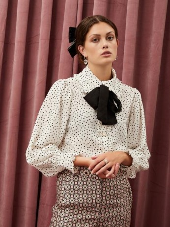 sister jane Get Together Ruffle Bow Blouse | frill trim neck tie blouses | polka dot prints