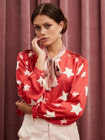 sister jane Star Baker Bow Blouse | red and white printed blouses | neck tie detail - flipped