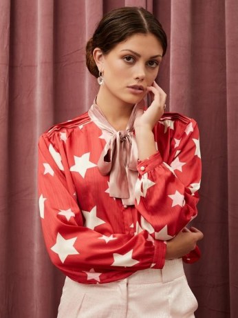 sister jane Star Baker Bow Blouse | red and white printed blouses | neck tie detail