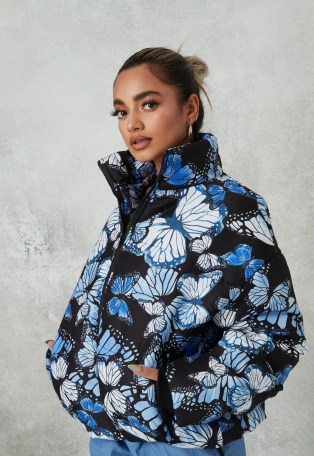 MISSGUIDED blue butterfly print puffer coat ~ casual winter coats ~ butterflies