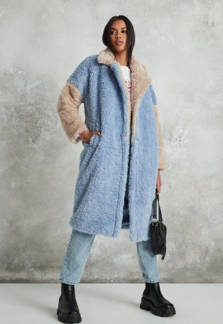MISSGUIDED blue colourblock faux fur coat – textured winter coats - flipped