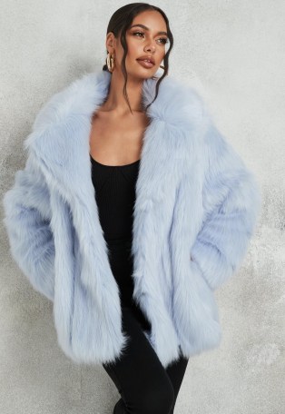 MISSGUIDED blue faux fur shawl collar coat – winter glamour - flipped